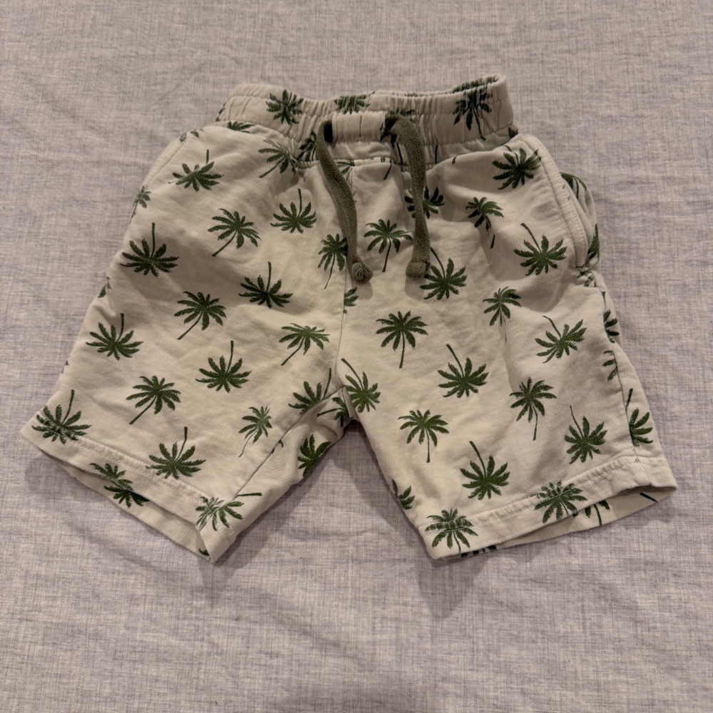 MISH Boys Palm Tree Print Cotton Knit Shorts Cream Green Size 4 Drawstring